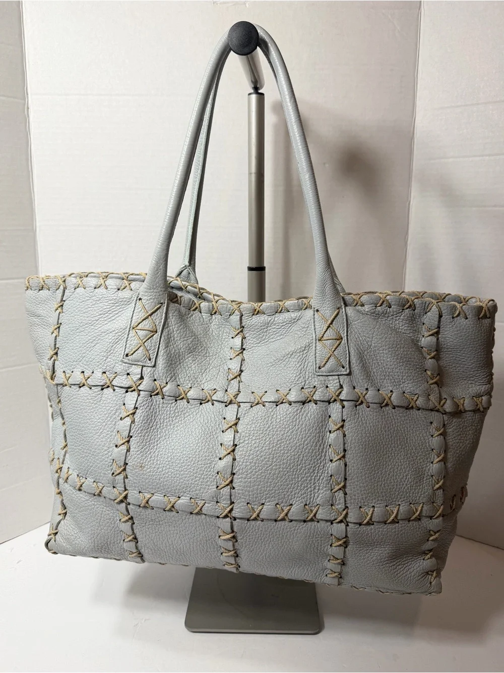 BERGE ITALY LEATHER SQUARE STITCH PURSE PALE BLUE HOBO - Picture 1 of 7